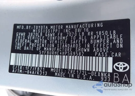 2017 Toyota Corolla Le from USA, damaged, VIN 5YFBURHE4HP569582